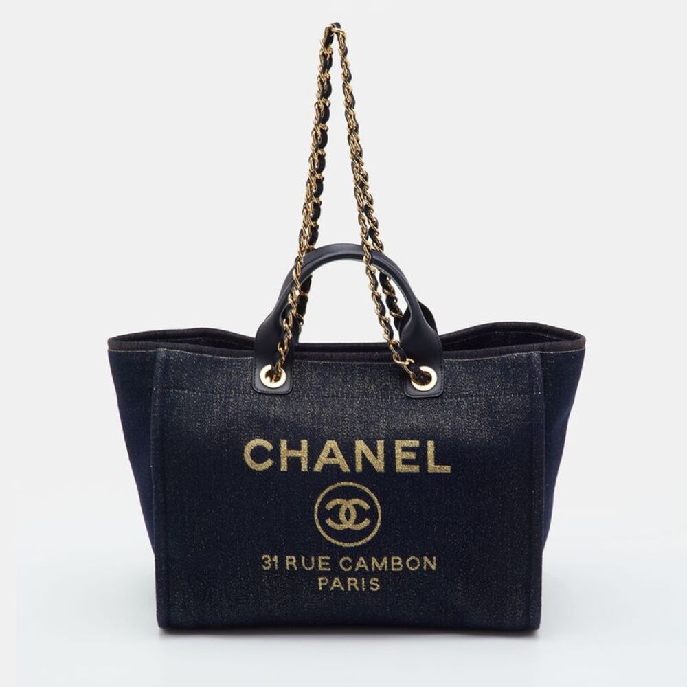 Chanel Deauville Medium Navy Blue/black Denim And Leather Shopper Tote